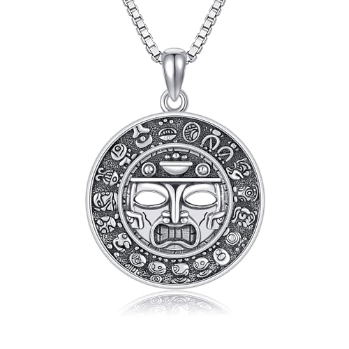 Collier aztèque en argent sterling 925 véritable avec pendentif calendrier maya artisanal