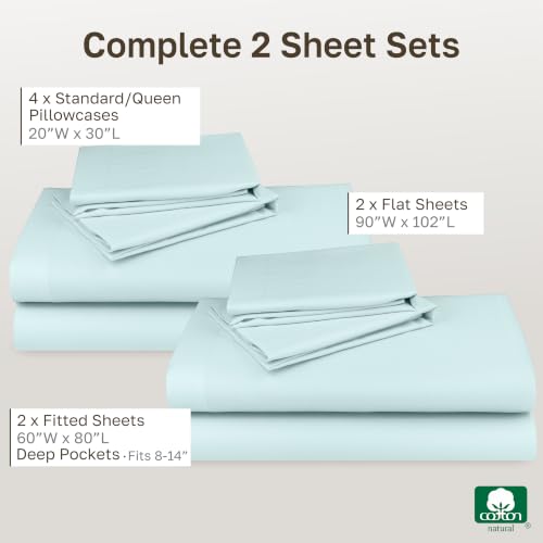 Image of California Design Den 100% Cotton Pack of 2 Sheets Set for Queen Size Bed, Soft & Durable Cotton Sheets Deep Pocket, Queen Sheet Set with Sateen Sheets (Seafoam)
