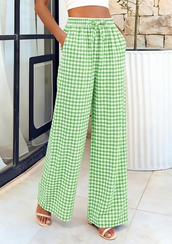 PRETTYGARDEN Gingham Pajama Pants Women Lightweight Summer Cotton PJ Bottoms Spring Wide Leg Palazzo Plaid Lounge Trousers (Light Green Plaid,X-Large) — view 2