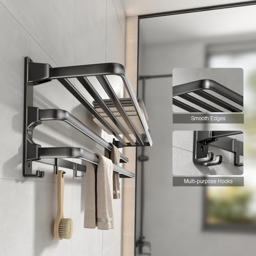 VOLDRA-24-Inch-Towel-RackBathroom-Towel-Shelf-with-2-Towel-Bar-Foldable-Towel-Holder-with-7-Hooks-Towel-Storage-Organizer-for-Bathroom-Lavatory-Wall-Mounted-Matte-Black