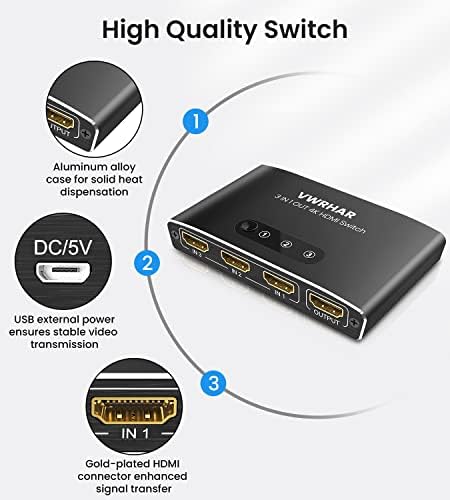 HDMI Switch 3 IN 1 OUT Aluminum HDMI Splitter with Remote HDMI Switcher Supports 4K 3D HD Monitor Wireless Remoter Control Compatible with PS5/PS4/PS3, Laptop/PC DVD Blu-Ray Xbox Roku TV/HDTV