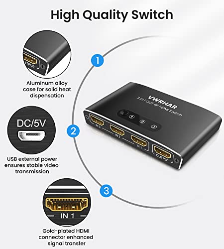 VWRHar HDMI Switch 3 IN 1 OUT Aluminum HDMI Splitter with Remote HDMI Switcher Supports 4K 3D HD Monitor Wireless Remoter Control Compatible with PS5/PS4/PS3, Laptop/PC DVD Blu-Ray Xbox Roku TV/HDTV - Image 8