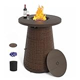 PIZZELLO 37" Propane Fire Pit Table, Outdoor Bar Height Patio Table with Fire Pit, Round Gas Firepits Wicker Propane Fire Table with Glass Fire Beads, Table Lid, Table Cover (Brown)