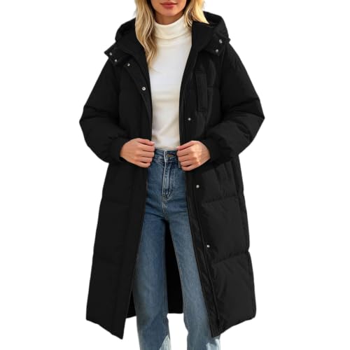 Nuqqichongtian Damen Winterjacke,Damen Wintermantel Lang Steppjacke mit Kapuze, Fleece Gefütterte Pufferjacke, Lässige Damen Winterjacke mit Taschen, Reißverschluss und Druckknöpfen Schwarz XL