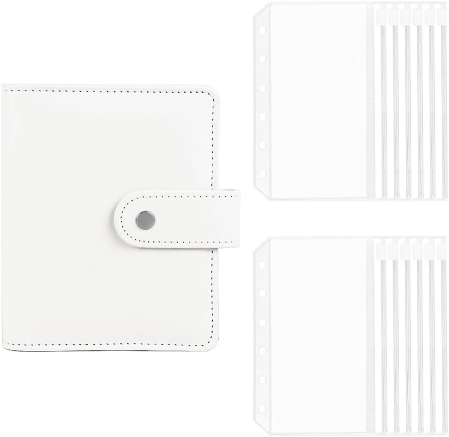 NatSumeBasics White A7 Binder Cover and 12pcs Pouch Set Macaron PU Leather Budget with Zipper Envelops, 6 Rings Loose Leaf Notebook Pockets Kit for Planner Traveller Gift Ideal (A7 Set, White)