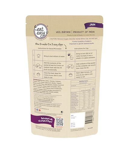Image of Eat Easy Ready To Eat Jain Veg Biryani- 95gm (Pack of 6) | Instant Food | Indian Meal, Travel Food | No Preservatives, No Added Artificial Colours & Flavours | Just Add Water and Cook