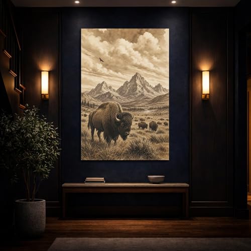 Impression sur toile de bison au style sépia : décoration murale verticale haut de gamme
