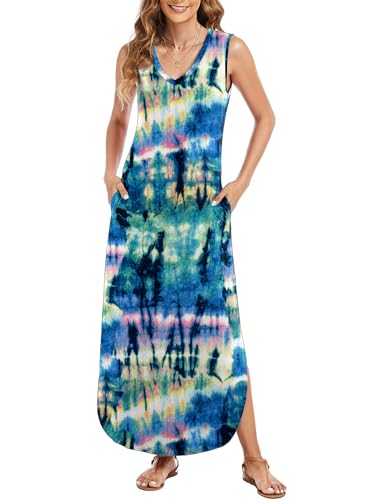 Image of Arolina Maxi Dress for Women Tropical Summer V Neck Sleeveless Split Long Beach Dresses Casual Loose Sundress with Pockets