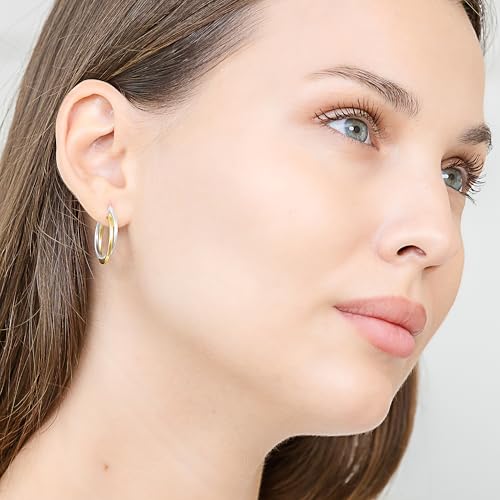 Hoops & Loops 925 Sterling Silver Two-Tone Intertwining Round Double Square-Tube Hoop Earrings for Women, 20mm, 25mm, 35mm Silver, Yellow Gold, Rose Gold, Black4