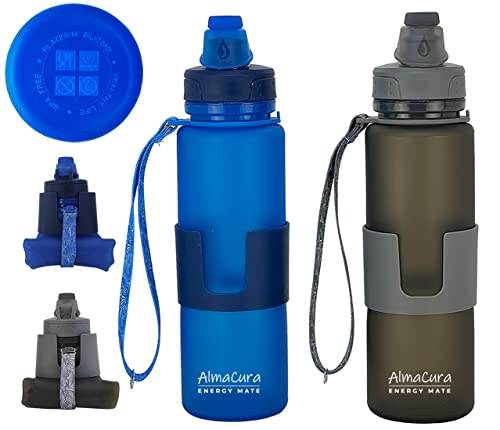 Almacura 2 Pack Water Bottles Collapse Silicone Foldable Medical Grade Bpa-Free Steady 22 Oz Travel, Portable, Gym, Cycling, Hiking, Sports, Biking, Durable, Leak Proof Twist Cap (1 Gray + 1 Blue) #TOP12