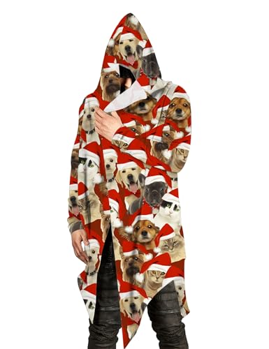 Poriff Mens Long Hooded Cardigan Christmas Long Sleeve Thin Cardigans Ruffle Shawl Collar Lightweight Drape Cape Overcoat Pockets XXL