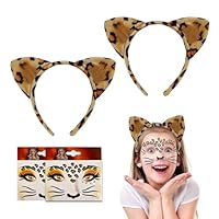 UILYNIU 4 Pieces Leopard Ears Headband Cheetah Ears Cat Headpiece Waterproof Animal Temporary Tattoos Stickers Children Animal Costume Set for Kids Carnival Cosplay Christmas Party (4 pcs)