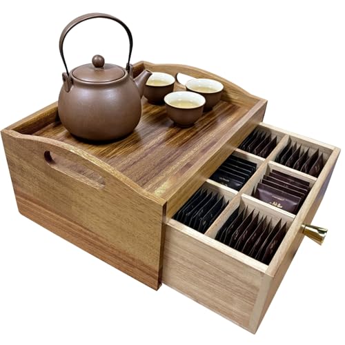 QYLZ Wooden Tea Box Organizer with Drawer — Acacia Tea Bag Organizer, Tea Caddy Holder for Countertop, Tea Organizer Box Storage Chest Display, Tea Accessories Gift