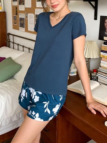 Image of VENTELAN Pajama Set For Women Cute PJS Summer Short Sleeve Shorts Sleepwear