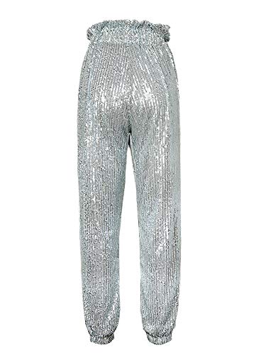 Womens Casual Bling Sequin Drawstring Ruffle High Waist Beam Foot Capri Pants White Xl #TOP2