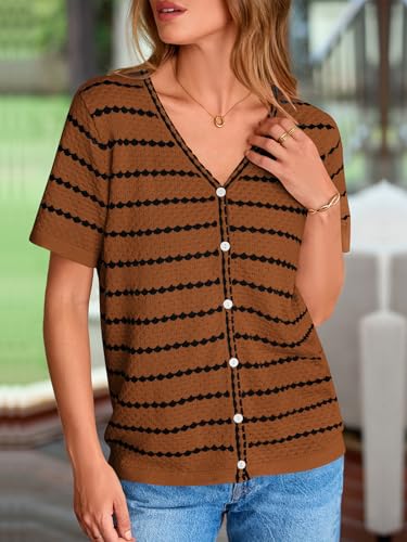 Image of NALANISA Women's Short Sleeve Sweater Spring Summer Crochet Knit Tops 2026 V Neck Striped Button Down Dressy Casual Blouses