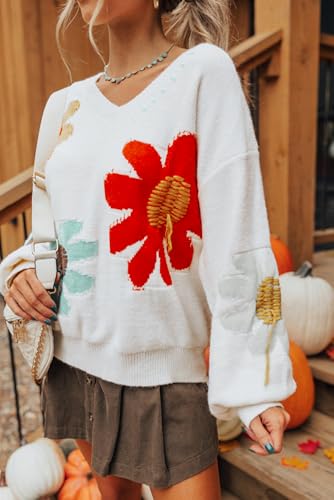 Women's White Floral Pattern V Neck Drop Shoulder Long Sleeve Sweater4