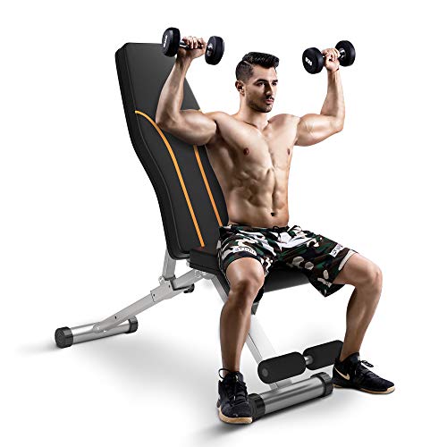Weight Bench Adjustable Workout Bench for Home Gym Foldable Multi-Purpose Strength Training Benches, Flat/Incline/Decline Exercise Bench Press for Full Body Workout (Grey-orange)