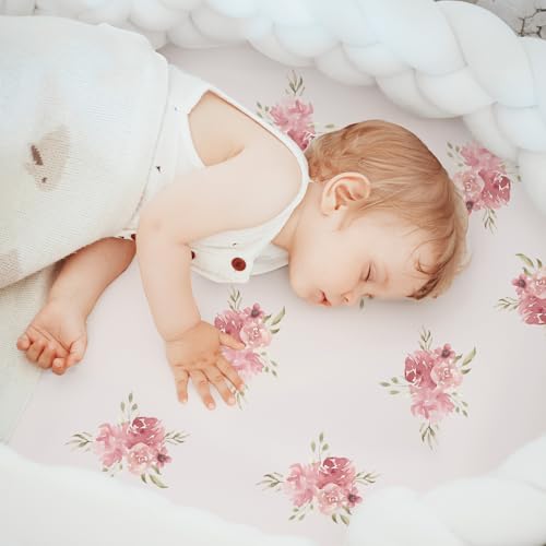 Image of Floral Bassinet Sheets Girl 3 Pack, Breathable Cozy Fitted Mattress Sheet, Elastic Travel Bassinet Fashionable, Standard Cradle Safe Sheets for Baby Boy Girls 32 inch x 16 inch