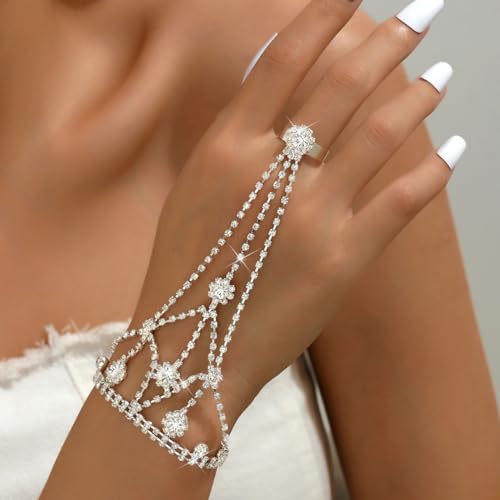Chargances Elegant Rhinestone Finger Ring Bracelet Silver Shining Crystal Flower Hand Chain Bracelet Wedding Slave Hand Jewerly for Women Bridal (Style 3)2