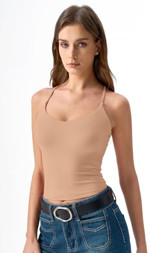Image of QINSEN Womens Cross Back Tank Top V Neck Double Lined Camisole Top Sleeveless Spaghetti Strap Going Out Tops