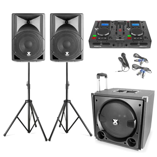 Vonyx VX800 2.1 Active DJ PA System with CD Mixer - Portable Bluetooth Speaker Set Including Subwoofer, Satellite Speakers, Dual CD USB MP3 Player, Microphone & Stands - DJ Setup Kit