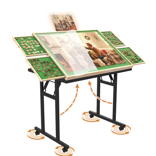Image of Doerpuz Puzzle Table with Folding Legs, 1500 Pieces Puzzle Table for Adults with Drawers, Cover, Wheels, 5 Adjustable Up Angles Wooden Jigsaw Puzzle Board for All Ages