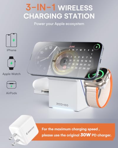Image of ZEEHOO 3 in 1 Charging Station, for iPhone Charging Station, for Apple MagSafe Charger, 15W Fast Wireless Charger, for Apple Watch, for iPhone 17,16,15,14,13,12 Series, AirPods (White)