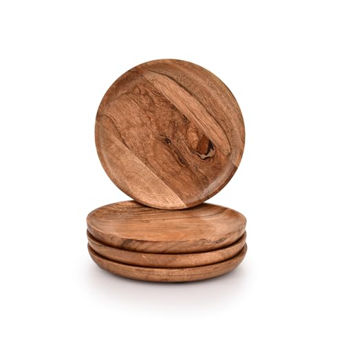 Kaizen Casa Dinner Plate Acacia Wood Round Set of 4 Wooden Plates for Eating Salad Fruit Food Dishe Platter Lightweight (6" x 6" x 0.75")