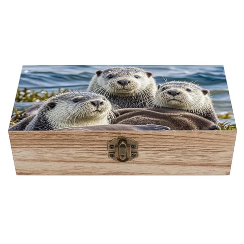 JTKLQBN Caja de almacenamiento grande de madera con tapa y cierre frontal, nutria marina, oficina, oficina, organizador de escritorio, bonita caja de recuerdos, cajas de recuerdos, cajas de joyería