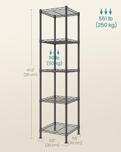 SONGMICS Storage Shelf, Metal Wire Shelving Unit, Adjustable Shelves, for Garage, Bedroom, Living Room, Kitchen, Pantry, 5 Tier, 30 x 30 x 121 cm, Ink Black ULGR123BH01