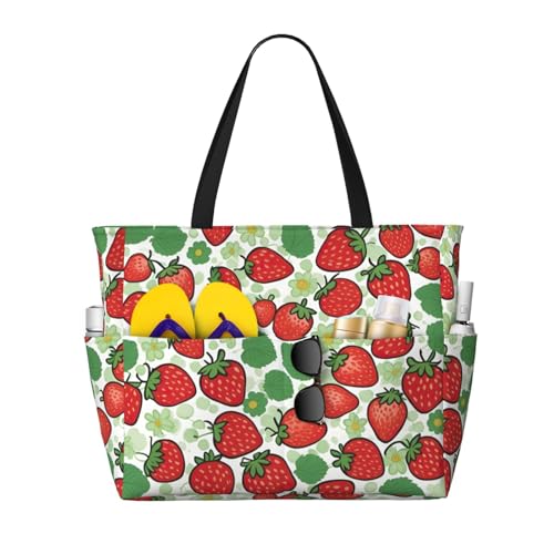 Strawberry pattern Print Large Capacity Beach Travel Bag with Zipper and Pockets for Camping Travel Gym