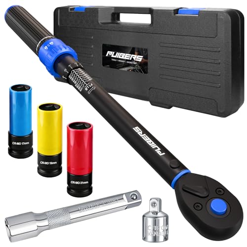 Image of 10-170FT 1 /2'' Torque Wrench Socket Set, 17mm 19mm 21mm Wheel Sockets with 3 /8 inch Drive Adapter and Extension Bar 72 Tooth, High Accuracy Laser Marking Scale for Auto Motorcycle Repair