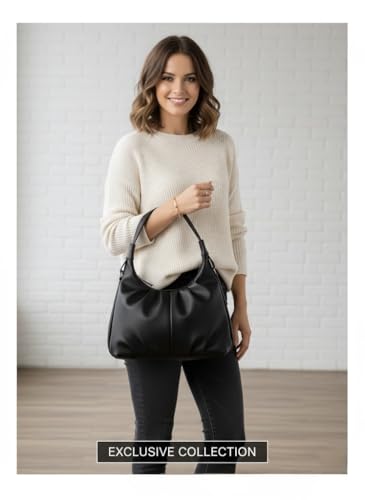 Image of De Elmore Black Slouchy Shoulder Bag for Women - Classic Minimalist Faux Leather Handbag