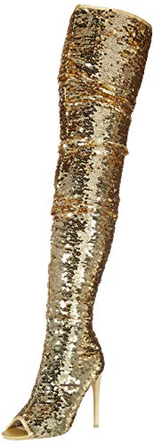 Women's Bling Peep Toe Heeled Thigh High Boots Slouch Zipper Stiletto Knee High Boots Sequin High Heel Over The Knee Boots gold US10 EU42