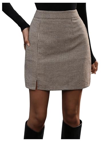 SOLY HUX Jupe courte élégante pour femme - Mini jupe d'hiver - Motif pied-de-poule - Jupe ajustée, Marron et noir., L