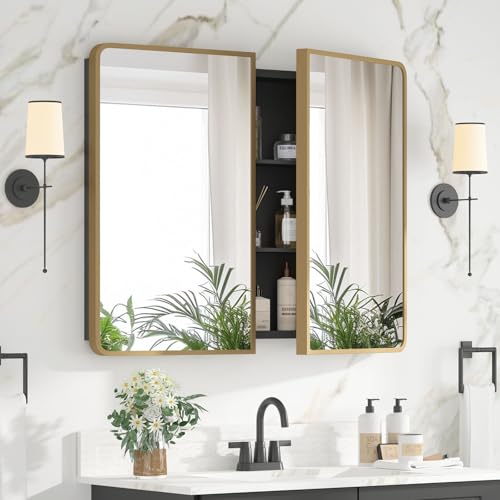 YTSMIR Bathroom Medicine Cabinet with Mirror 24 x 30 Inch Brush Gold Medicine Cabinet Recessed or Surface Wall-Mounted Mirrored Cabinets with Sturdy Metal Adjustable Shelves for Bathroom Vanity