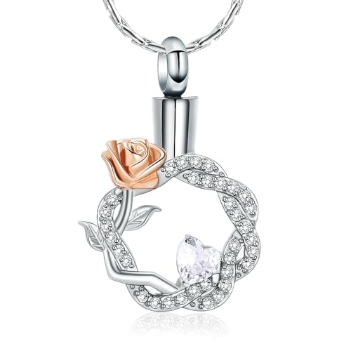 ADENLA Collier urne funéraire en Forme de Rose pour Cendres, pour Femmes et Filles, Pendentif Couronne en Acier Inoxydable, Cadeau Souvenir commémoratif, Blanc