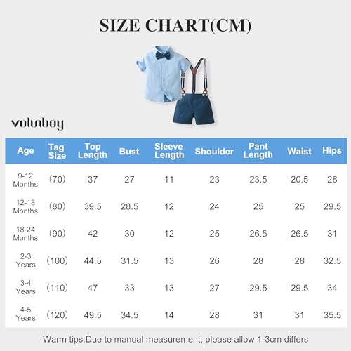 Volunboy Baby Jungen Anzug, Kurzarm Hemd mit Fliege + Hosenträger Shorts Strampler Sommer Bekleidung Set（Blau Marine，12-18 Monate，Größe 80）