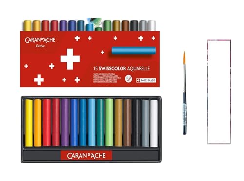 Caran d'Ache Swisscolor Aquarell-Wachsmalstifte, Aquarellstifte, 15 Stück mit Pinsel