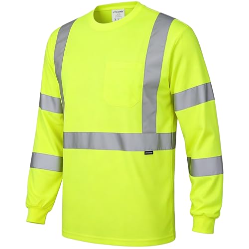 TICONN High Visibility Shirts for Men Women Class 3 Safety Hi Vis T Shirts with Pocket Long Sleeve (Yellow XL 1PK)