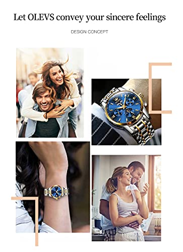 Image of OLEVS Men's Business Watch Gold Blue with Large Easy-Read Analog Quartz Date Display Luxury Stainless Steel Band Waterproof Luminous Hands