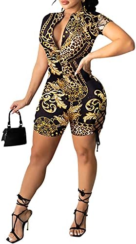Zoctuo Women's Sexy Bodycon Jumpsuit Deep V Zipper Neck Short Sleeve Club Romper Clubwear(5102,Leopard Chain,XXL)