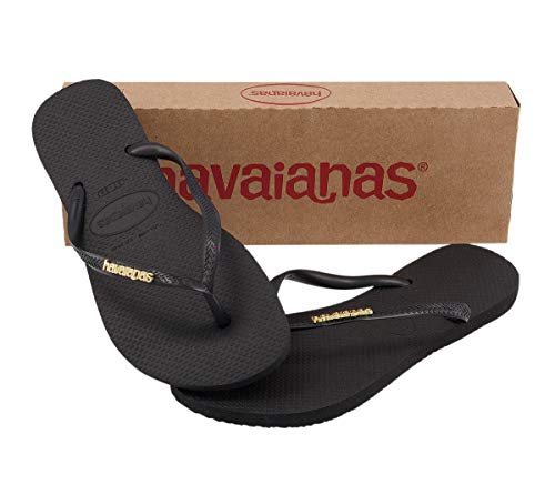 Chinelo Slim Logo Metallic, Havaianas, Feminino, Preto/Dourado, 41/42