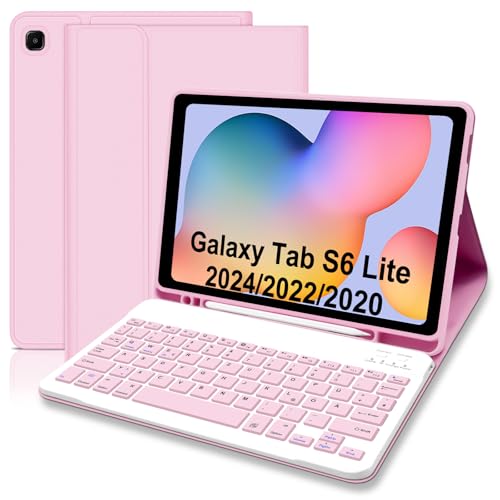 Hülle mit Tastatur für Samsung Galaxy Tab S6 Lite 2024/2022/2020 Schutzhülle mit Pencil Halter Wireless Tastatur (Deutsches Layout) für Tab S6 Lite 10 4 (P610/P613/P615/P619/P620/P5625) Rosa