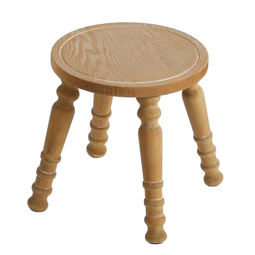 Image of 100% Solid Wooden Step Stool, Small Wooden Stool for Adults, Wood Plant Stools, Small Round Stool for Bathroom, Kitchen, Bedroom, Plant Stand