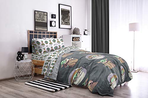 Image of Star Wars Mandalorian Full Size Comforter Set 5 Piece Kids Bedding, Gray | Grogu Baby Yoda, Comforter Sheets Pillowcases, Official Product, Soft Microfiber, Machine Washable, Easy Care, Kids Gift