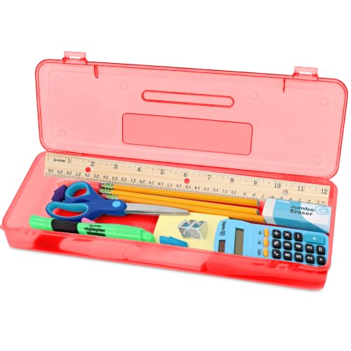 Enday Pencil Box Red, Storage Organizer Utility Box, Multipurpose Long Ruler Length School Office Supplies Plastic Pencil Case for Kids & Adults Available in Red, Pink, Green, Purple, Blue, 1PK
