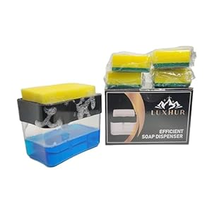 LUXHUR – Jabonera Cocina 2 En 1, Dosificador Jabon Cocina con Capacidad De 500 Ml, Base Antideslizante Y 5 Estropajo Cocina Incluidas â Organizador Fregadero Eficiente Y Ahorra Jabón