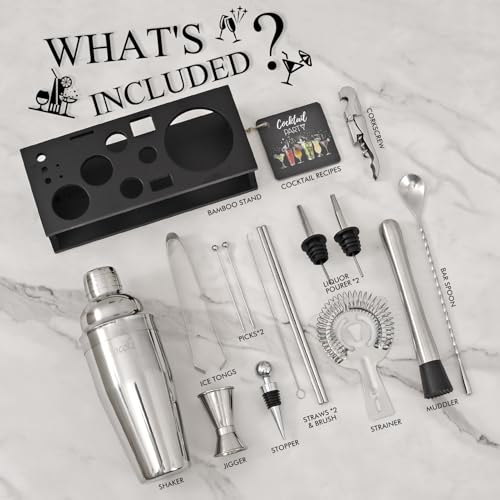 Cocktail Making Set, Cocktail Shaker Set 750ml Stainless Steel Bar Tool Set Bartender Kit with Bamboo Display Stand for Home & Bar (Black Silver - 17PCS)